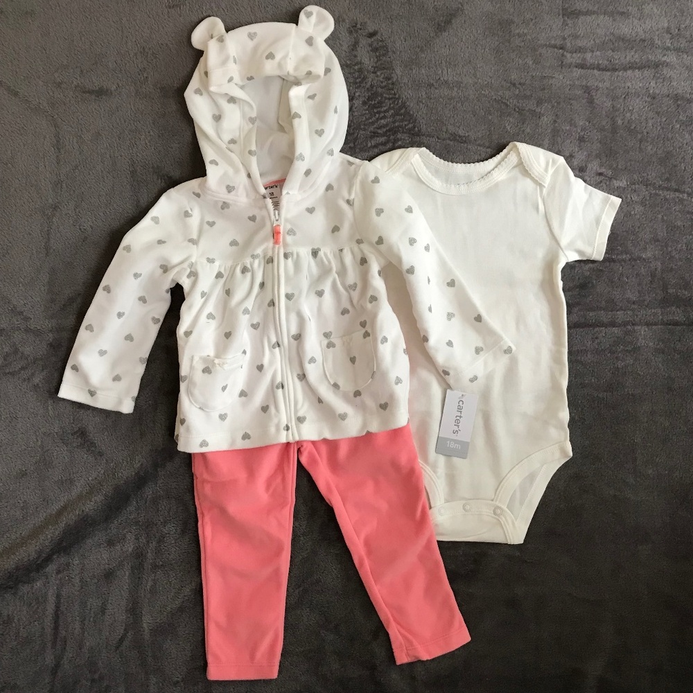 CARTER’S Fleece Jacket Pants Set Hearts Pink Cream Silver Size 18 Months NWT